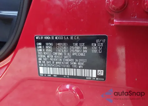 2017 Honda Hr-V Lx из США, поврежденный, VIN 3CZRU5H33HG710180